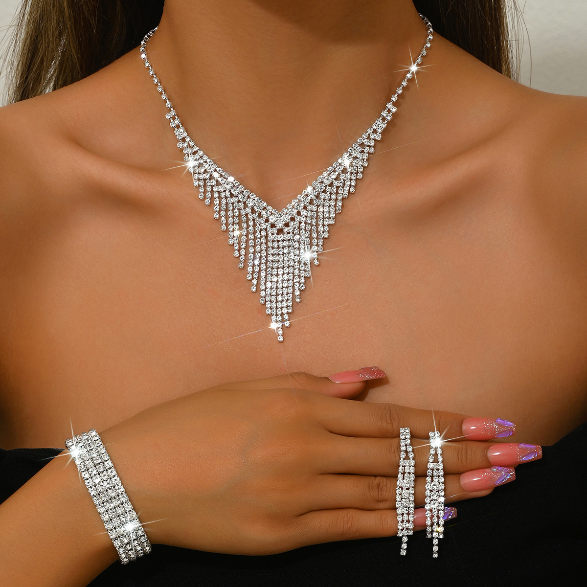 European and American Fashion Simple Bride Rhinestone Necklace Earrings suit Dress Wedding Banquet Women Accessories Decorative Collar